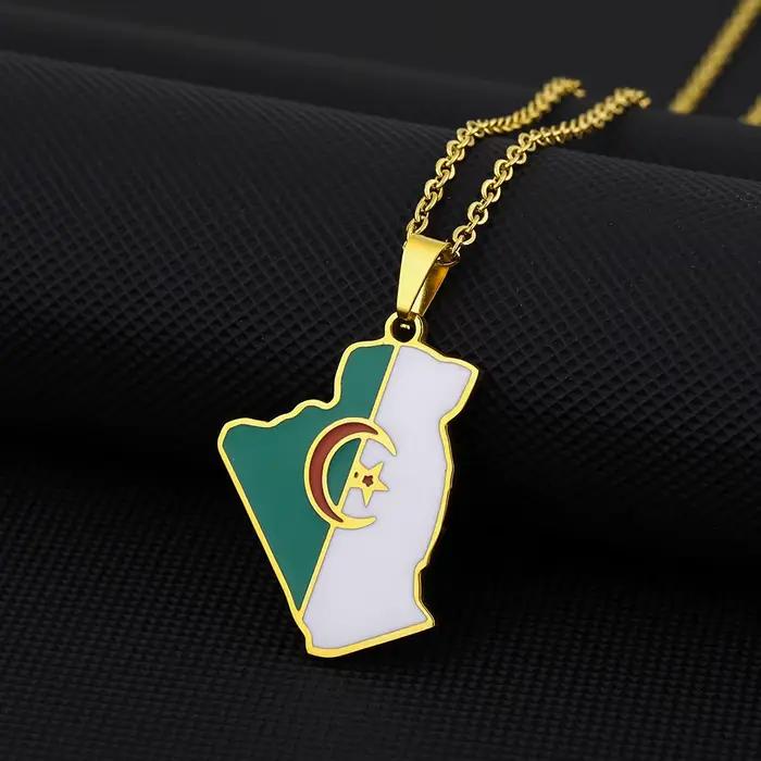 Afrique Algérie Carte Drapeau Pendentif Collier En Acier Inoxydable Or Acier Couleur Algérie Hommes Femmes Pays Carte Bijoux Cadeau Patriotique