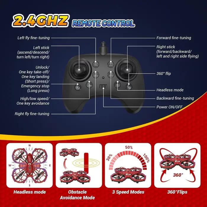 Drone Spider Modes 3 Vitesses Rouges Évitement Obstacles Mode Sans Tête Jouet Cadeau Enfant Occasions Spéciales Vol Extérieur Intérieur