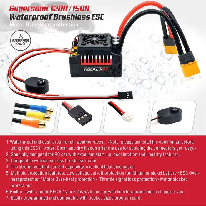 Rocket RC Supersonic V2 80A 100A 120A 150A ESC, contrôleur de vitesse sans balais étanche pour pièces de voiture RC 1/8 1/10 1/7