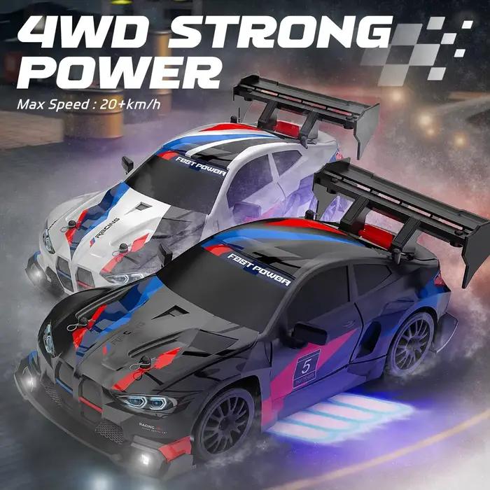 Voiture de drift RC 1:24, voiture de course haute vitesse 2.4G 30+KM/H avec lumières LED et pneus de drift, obstacles, cadeau de Noël pour garçons
