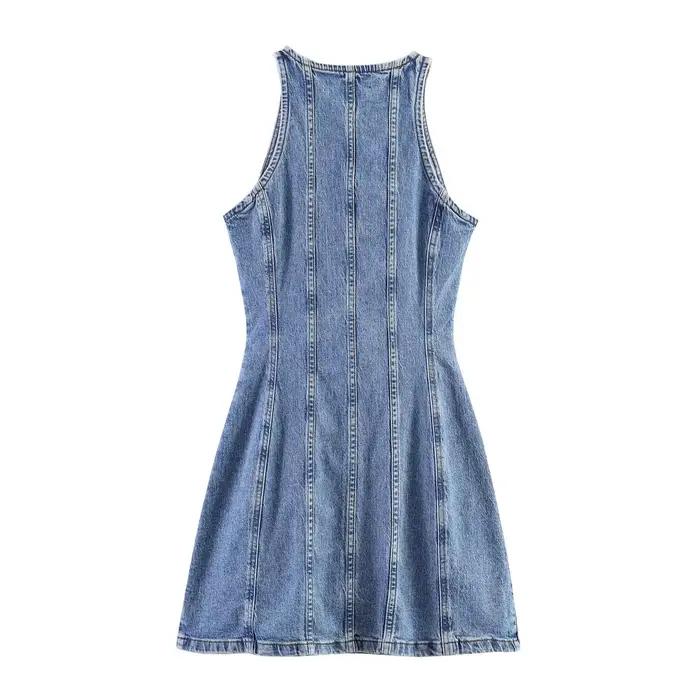 Nouvelle Robe Courte en Jean Sexy Printemps 2026 – Vêtement Féminin Transfrontalier Tendance, Jupe Trapèze Taille Haute, Col Rond, Sans Manches