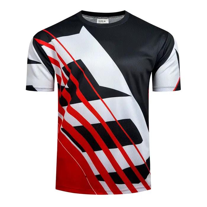 Maillot de vélo de montagne rouge et noir pour hommes, haut de course VTT léger, respirant et à séchage rapide avec rayures géométriques modernes