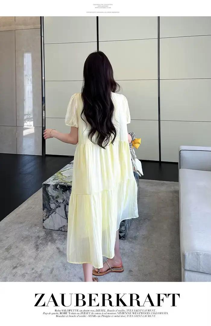 Robe de grossesse longue et ample en mousseline de soie, couleur unie, manches bouffantes, col rond, collection été 2026