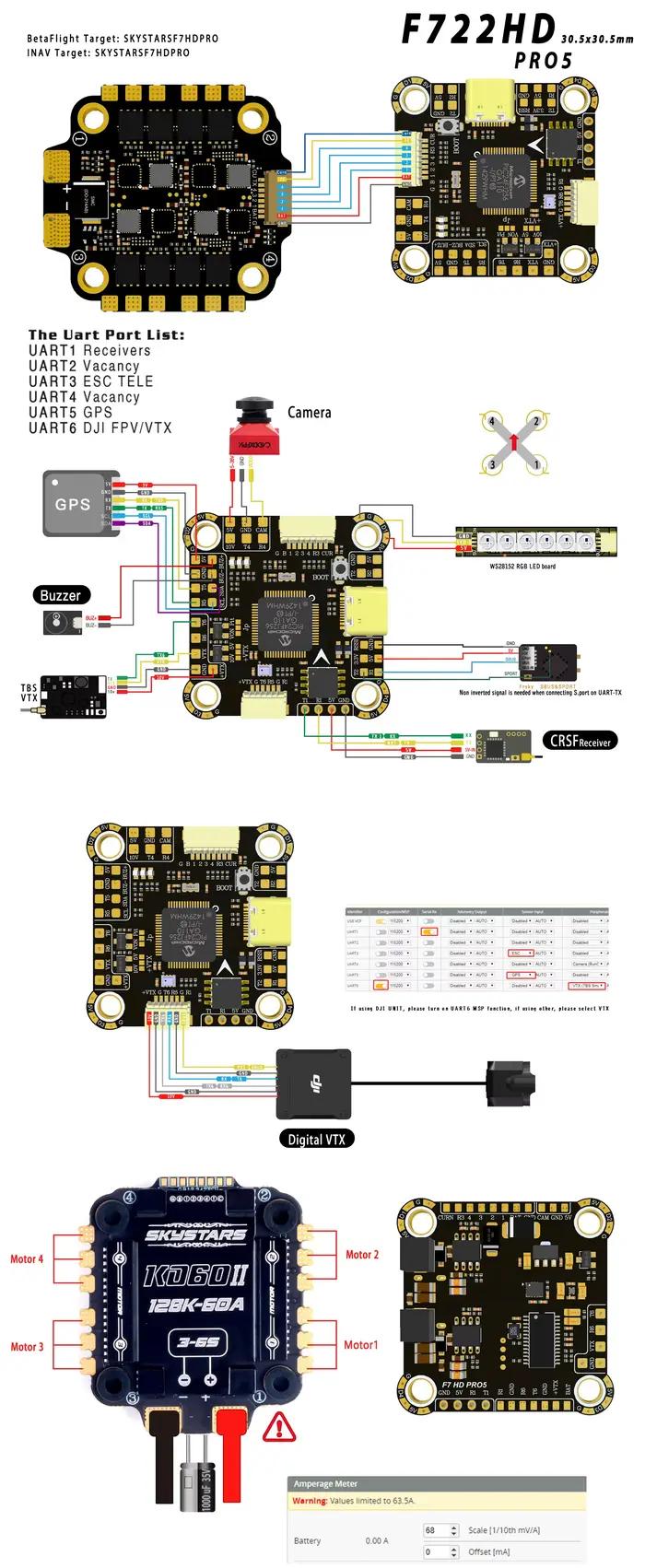 Contrôleur de vol Skystars F7 F722HD PRO5 OSD ICM42688 45A/60A 128K AM-32 3-6S ESC Fly Stack 30.5mm pour drone de course FPV Quadcopter