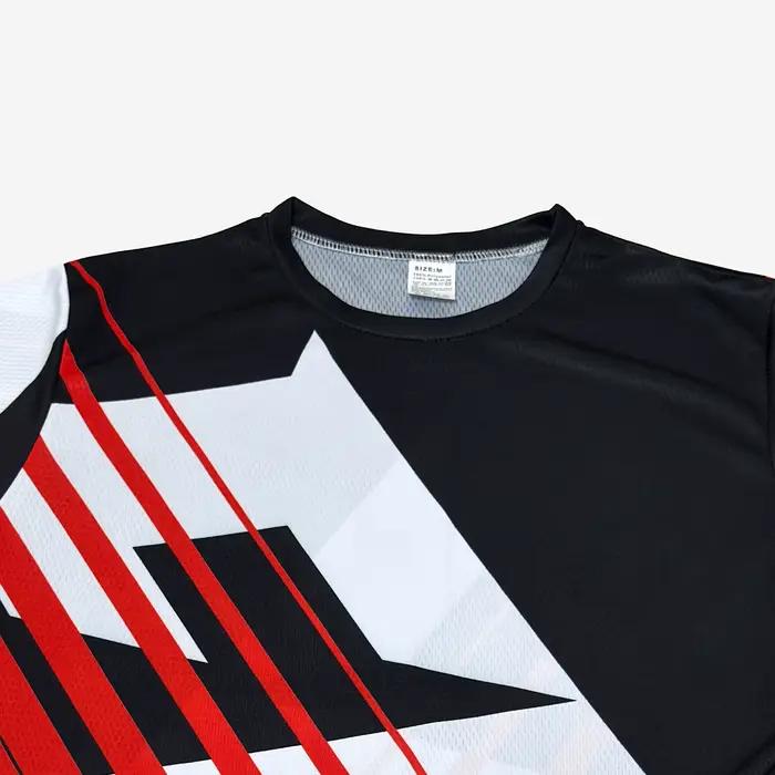 Maillot de vélo de montagne rouge et noir pour hommes, haut de course VTT léger, respirant et à séchage rapide avec rayures géométriques modernes