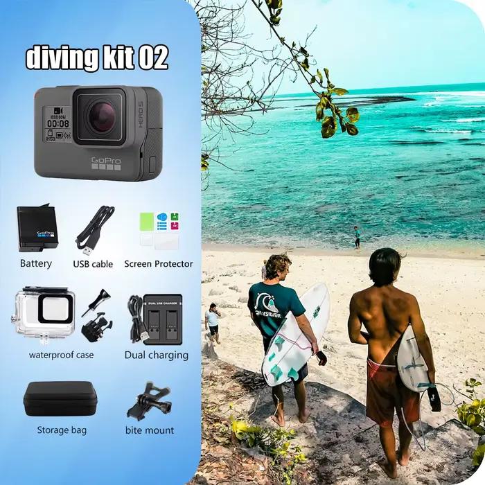 Gopro hero 5 caméra d'action noire 4k30 fram ultra hd 12MP Anti-secouement natation et surf paquet