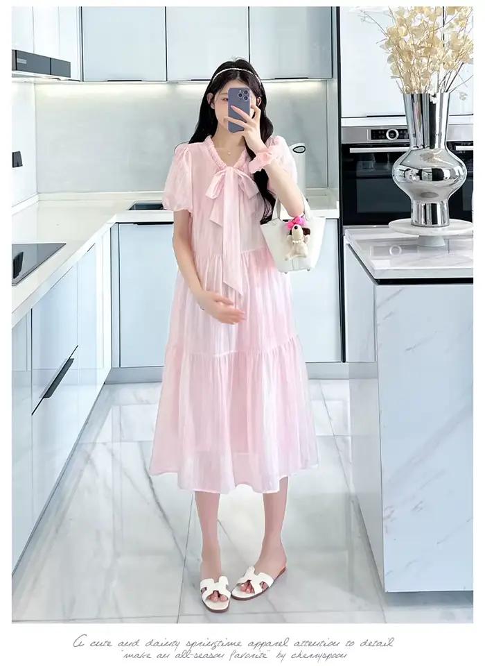 Robe de grossesse longue et ample en mousseline de soie, couleur unie, manches bouffantes, col rond, collection été 2026
