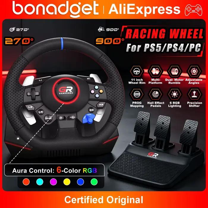 Volant de jeu de course pour PS5/PS4/PC/Switch, volants de simulation 270° ° &900 ° Cuir avec RGB, double vibration, effets Hall, macro, linéaire, 3 pédales