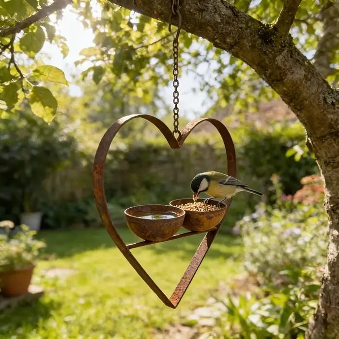 Cœur en métal rouillé avec deux bols pour l'eau et la nourriture, double bol, en forme de cœur, pour cour, arbre, vintage, extérieur