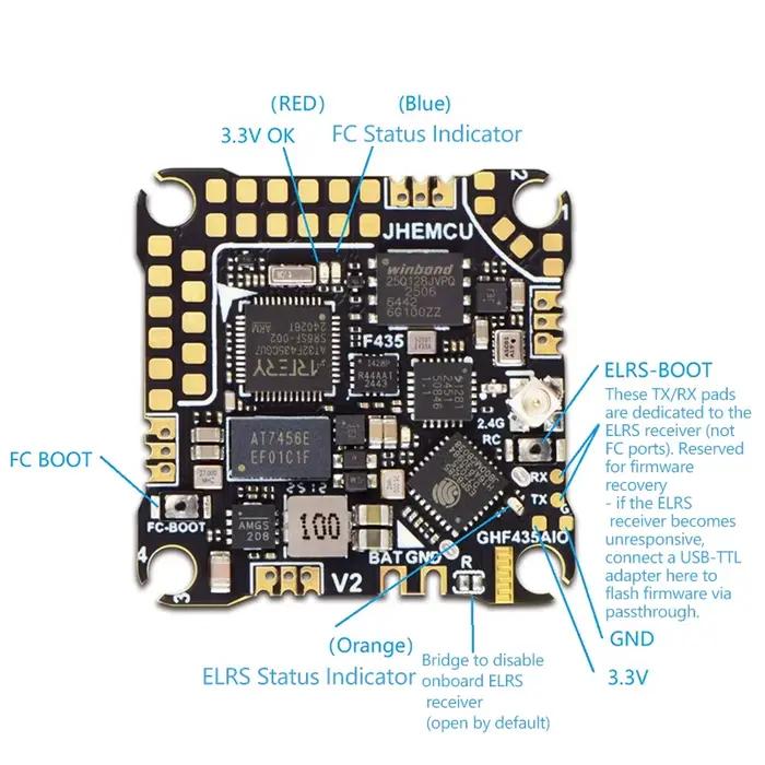 JHEMCU GHF435AIO V2 contrôleur de vol FC récepteur ELRS 2.4G intégré 20A ESC