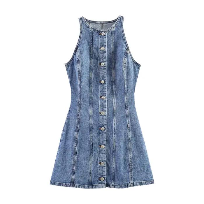 Nouvelle Robe Courte en Jean Sexy Printemps 2026 – Vêtement Féminin Transfrontalier Tendance, Jupe Trapèze Taille Haute, Col Rond, Sans Manches