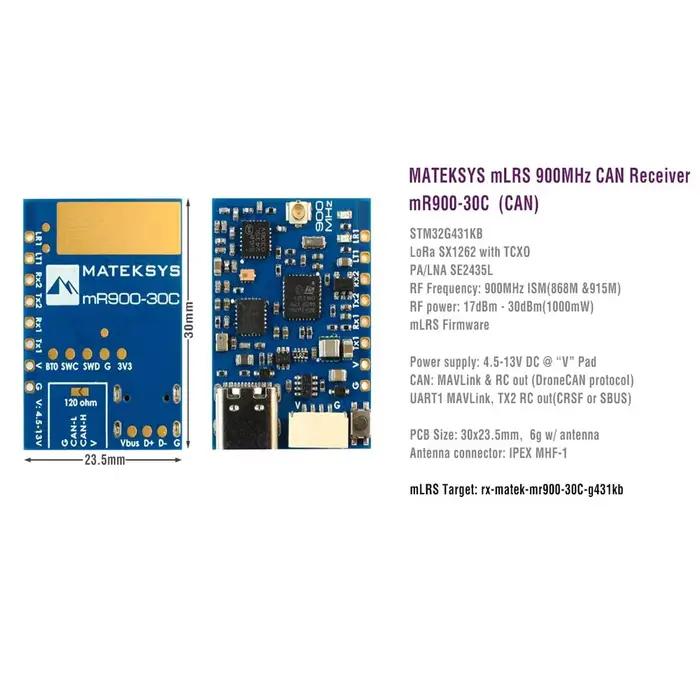 Récepteur MATEK Mateksys mR900-30C mLRS MAVLink 900M CAN