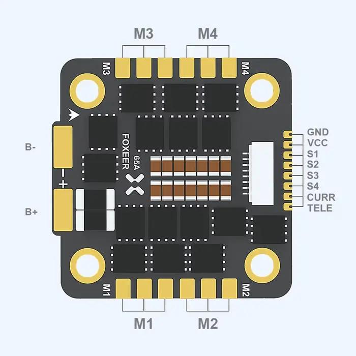 FOXEER Reaper F4 128K 65A ESC BLHeli32 4-en-1 Entrée Lipo 3-8S Signal DShot 150/ 300/ 600/ 1200/ MultiShot/OneShot pour Drone FPV RC