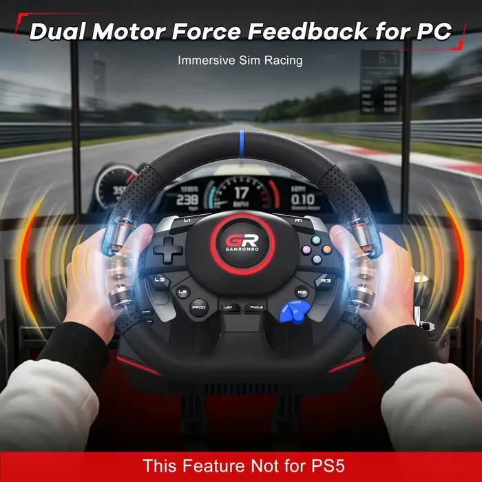 Volant de jeu de course pour PS5/PS4/PC/Switch, volants de simulation 270° ° &900 ° Cuir avec RGB, double vibration, effets Hall, macro, linéaire, 3 pédales