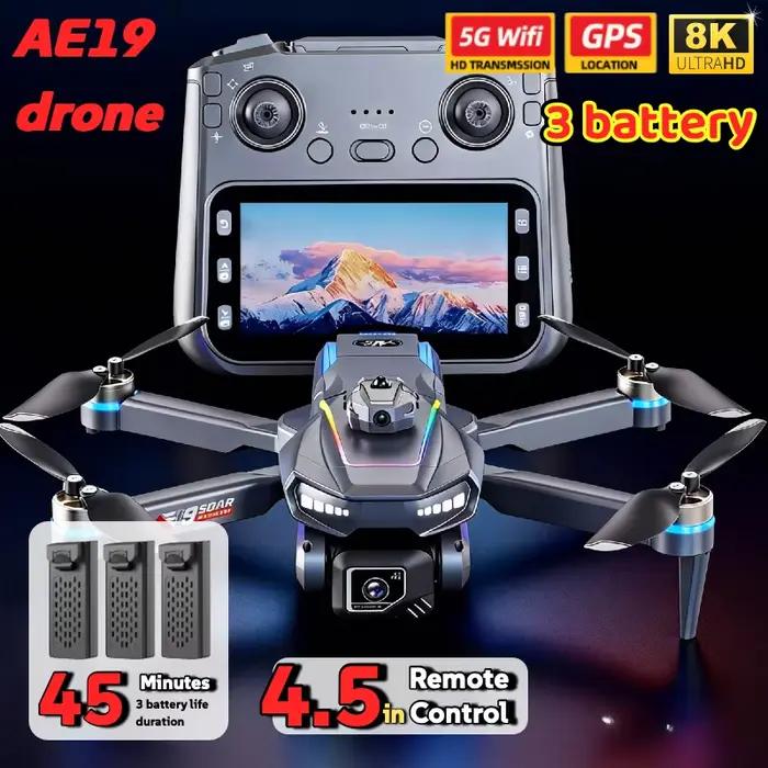 Drone GPS AE19 4, 3" LCD 8K/4K double caméra 360 ° Évitement d'obstacles 3 Options de batterie Quadrirotor RC