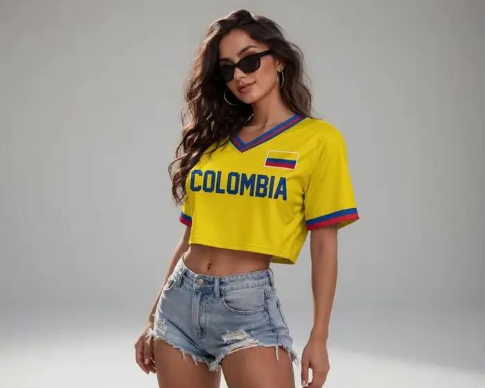 T-shirt de cheerleading imprimé football Colombie 2026 pour femme – Style danse mode estivale, haut court respirant et à séchage rapide pour le sport
