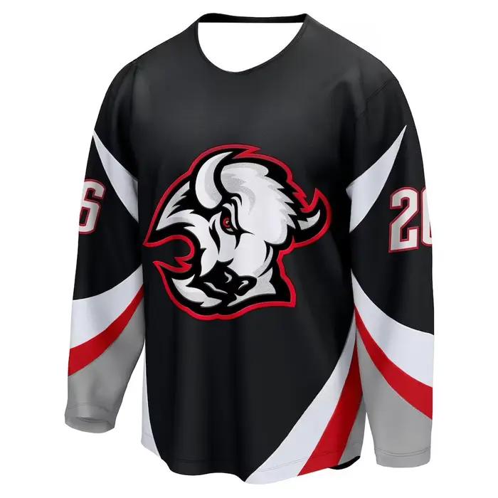 2026 Nouveau maillot de hockey noir avec rouge/blanc gris agressif Buffalo Logo Dynamic Design maillot de sport impression 3d HD