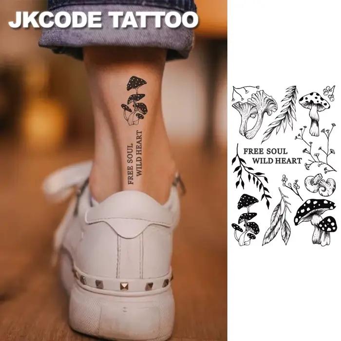 Tatouages temporaires à thème champignons de la forêt – Tatouages minimalistes aux herbes – Autocollants de tatouage style Ins – Motifs champignons, feuilles, branches et fleurs – Tatouages mignons, a