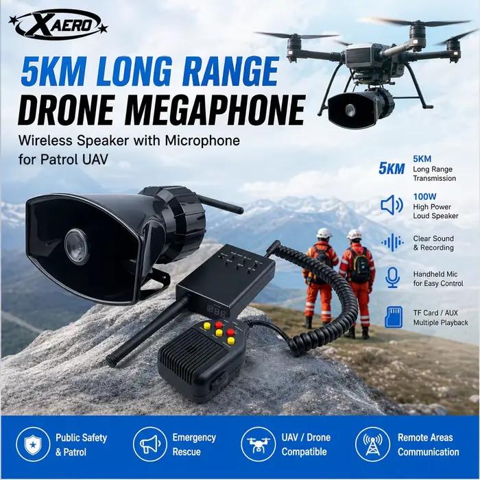 XAERO 5KM Drone Megaphone Haut-parleur sans fil avec microphone TF AUX Enregistrement Amplificateur vocal