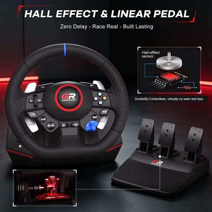Volant de jeu de course pour PS5/PS4/PC/Switch, volants de simulation 270° ° &900 ° Cuir avec RGB, double vibration, effets Hall, macro, linéaire, 3 pédales