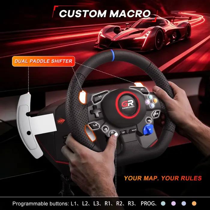 Volant de jeu de course pour PS5/PS4/PC/Switch, volants de simulation 270° ° &900 ° Cuir avec RGB, double vibration, effets Hall, macro, linéaire, 3 pédales
