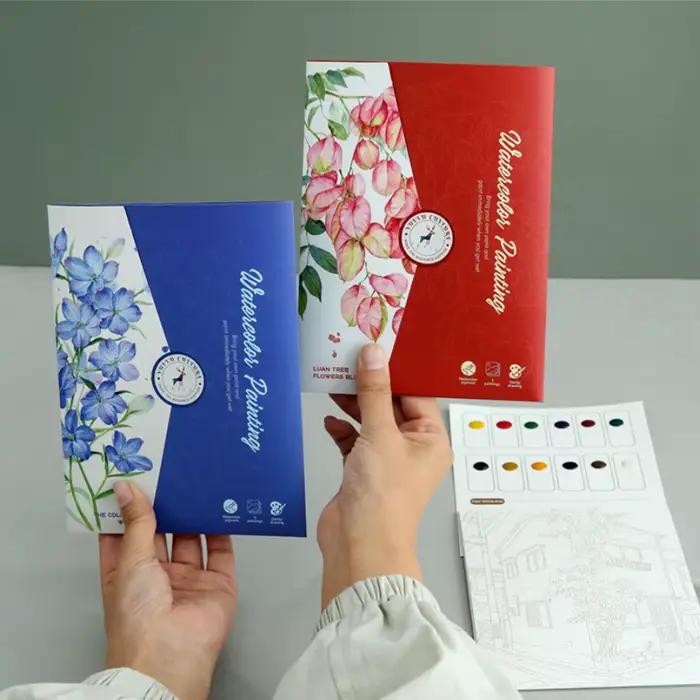 Livre de peinture créative à l'aquarelle avec 12 couleurs de pigments, pages à colorier DIY pour débutants