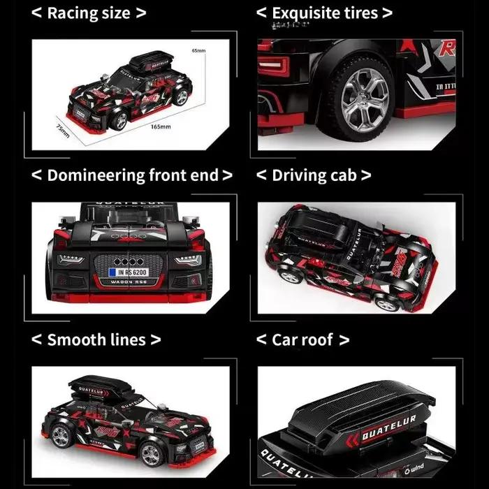 Briques de construction de voitures de course noires et rouges | Roues coulissantes et intérieur détaillé | Jouet de véhicule de collection pour les passionnés d'automobiles