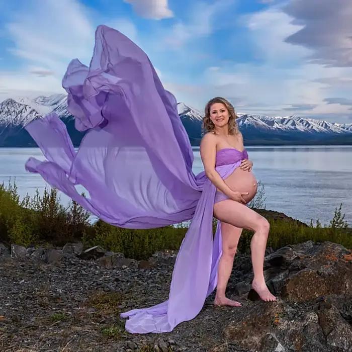 Robe Longue en Mousseline de Soie et Dentelle pour Femme Enceinte, Tenue Fendue Devant, Idéale pour Photographie, Accessoire Photo, Nouvelle Collection 2020
