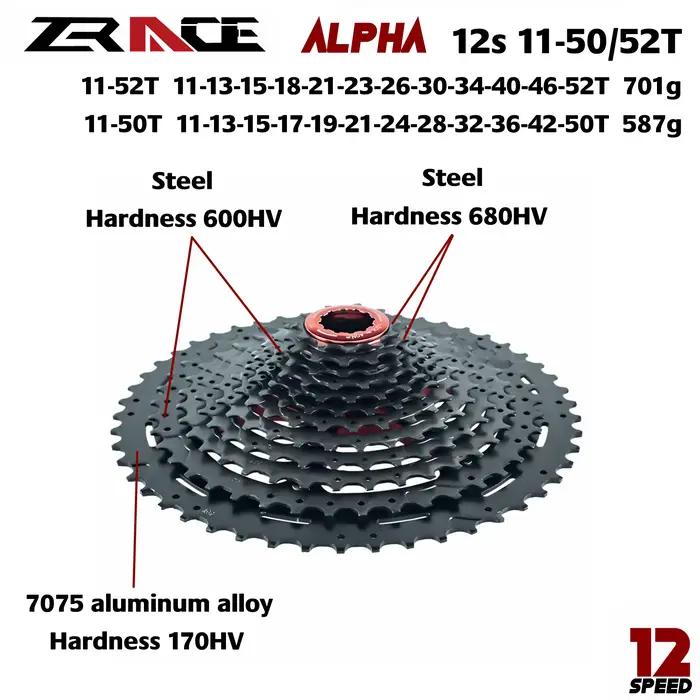 ZRACE ALPHA Cassette légère 10s 11s 12s roue libre de vélo VTT, moyeu libre HG / MS / XD, 46T / 50T / 52T
