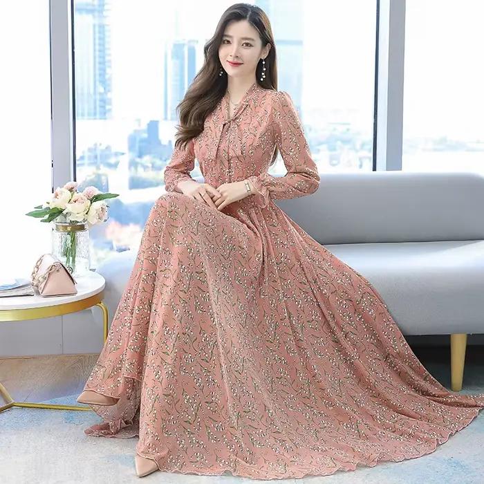 Robes pour femmes printemps-été 2026, nouvelle robe mi-longue en mousseline de soie à imprimé floral, manches longues, robe de plage bohème, vestidos pour femmes