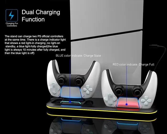 Lumière RVB et Station de refroidissement turbo à 3 niveaux avec station de charge de contrôleur pour PS5/SLIM numérique/disque avec support de casque