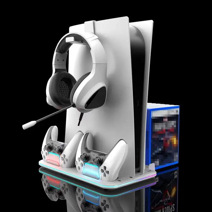 Lumière RVB et Station de refroidissement turbo à 3 niveaux avec station de charge de contrôleur pour PS5/SLIM numérique/disque avec support de casque