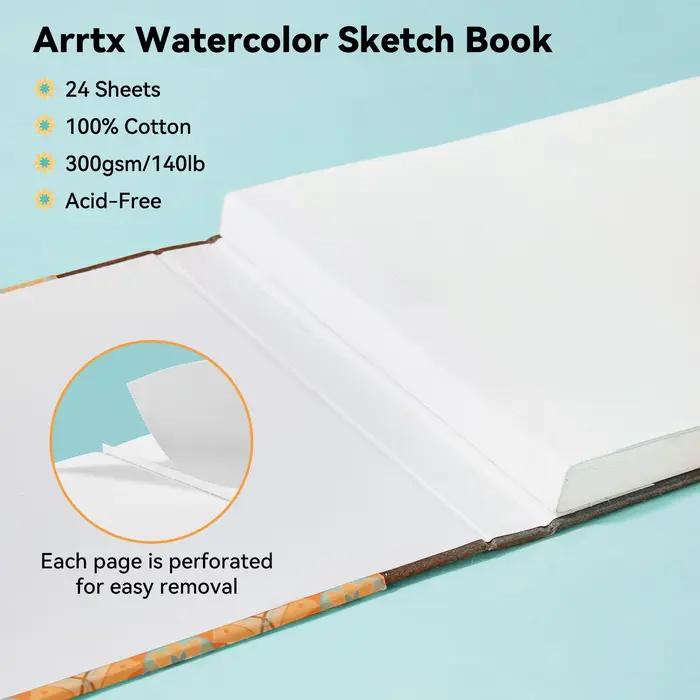 ARRTX Sketchbook Watercolor Notebook, carnet de croquis dessiné à la main, 100% coton, épaisseur moyenne, 24 pages, blanc intense, format carré / A5