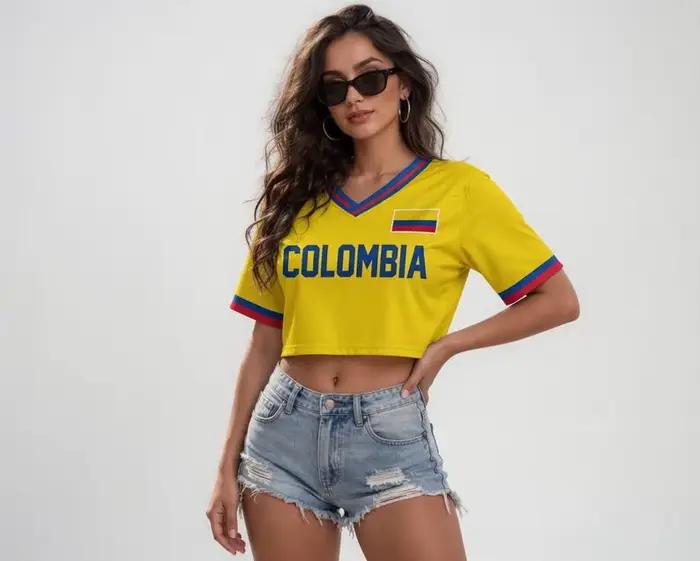 T-shirt de cheerleading imprimé football Colombie 2026 pour femme – Style danse mode estivale, haut court respirant et à séchage rapide pour le sport