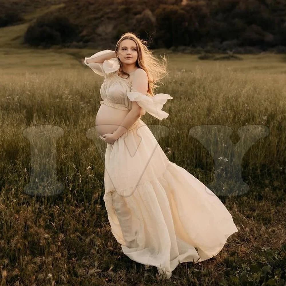 Tenue de séance photo pour femmes enceintes, bord à volants, manches courtes, robe en mousseline de