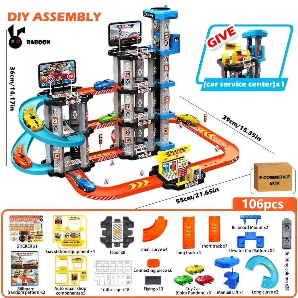 Ensemble de piste de garage avec ascenseur 4 niveaux, garage pour voitures jouets avec rails, rampe