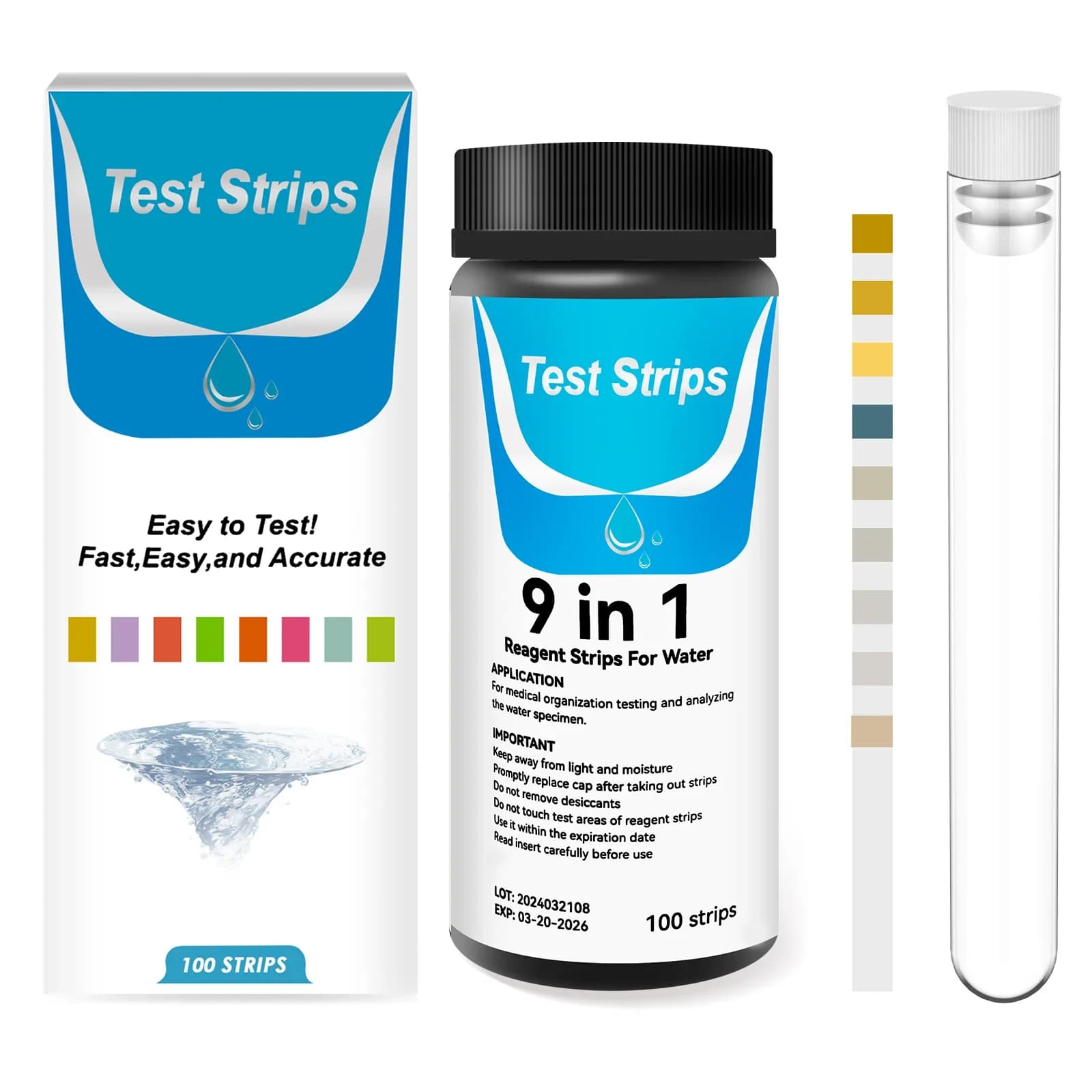 Kit de test précieux 9 en 1 pour aquarium, 100 pièces, avec tube à essai, moniteur de qualité de l'e
