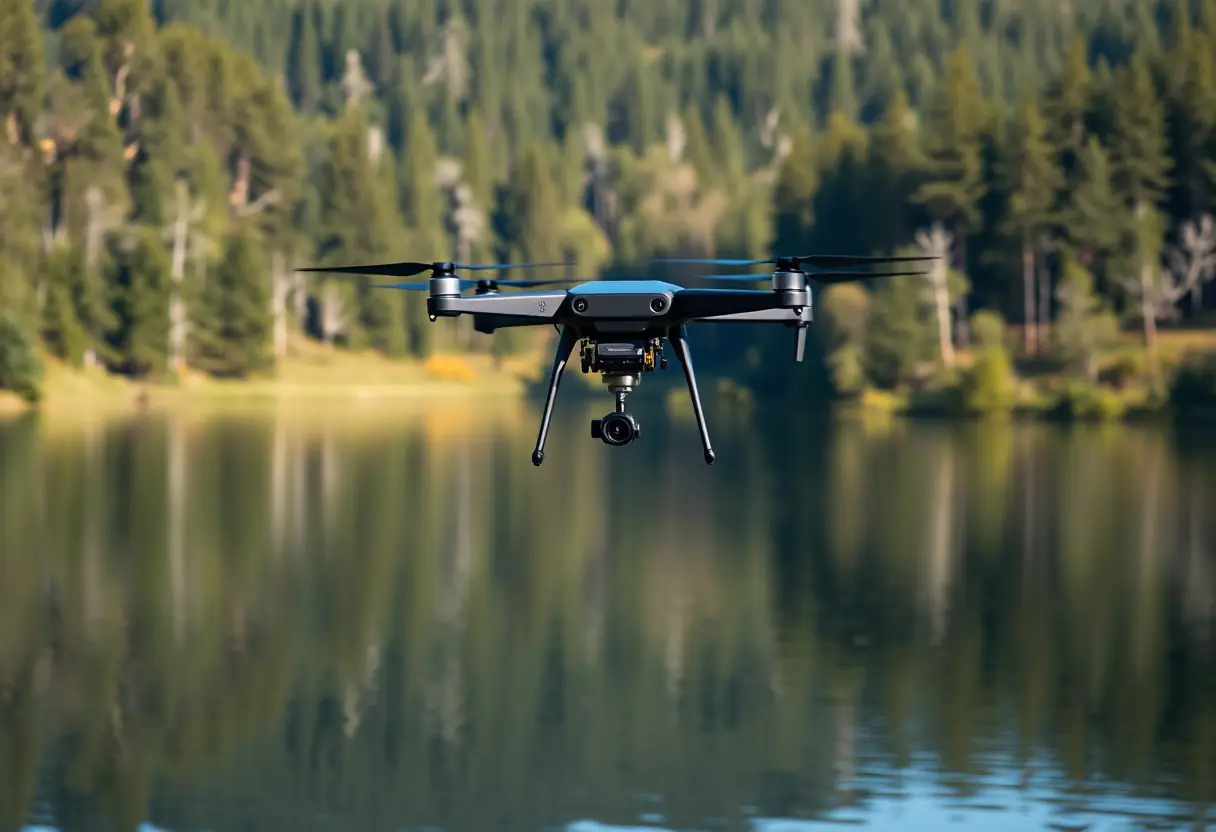 Drone DJI Mini 4 Pro survolant un lac serein entouré d'arbres