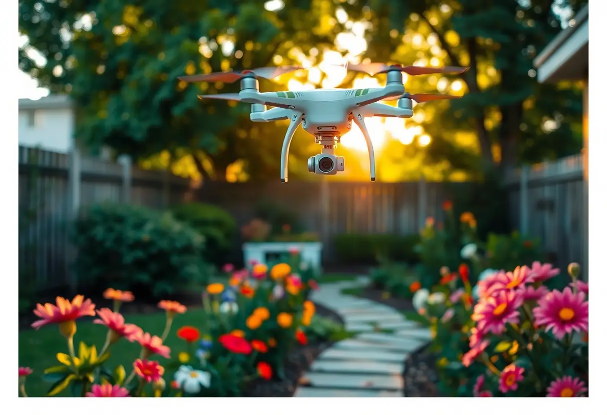 Un drone survole un jardin fleuri au crépuscule, sans texte, sans écriture, sans lettres, photographie éditoriale, lumière naturelle, hyper-réaliste