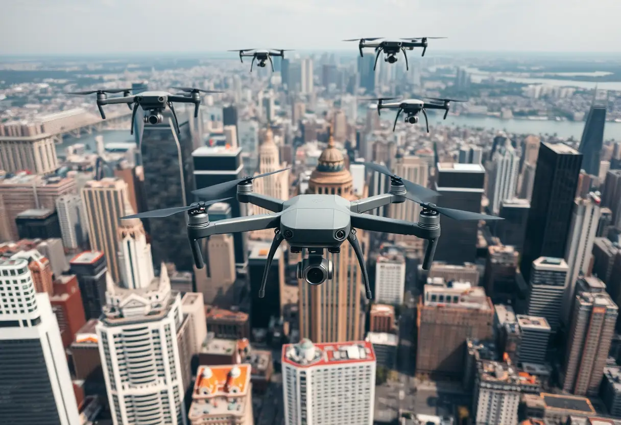 Vue aérienne d'une ville animée avec des drones en vol