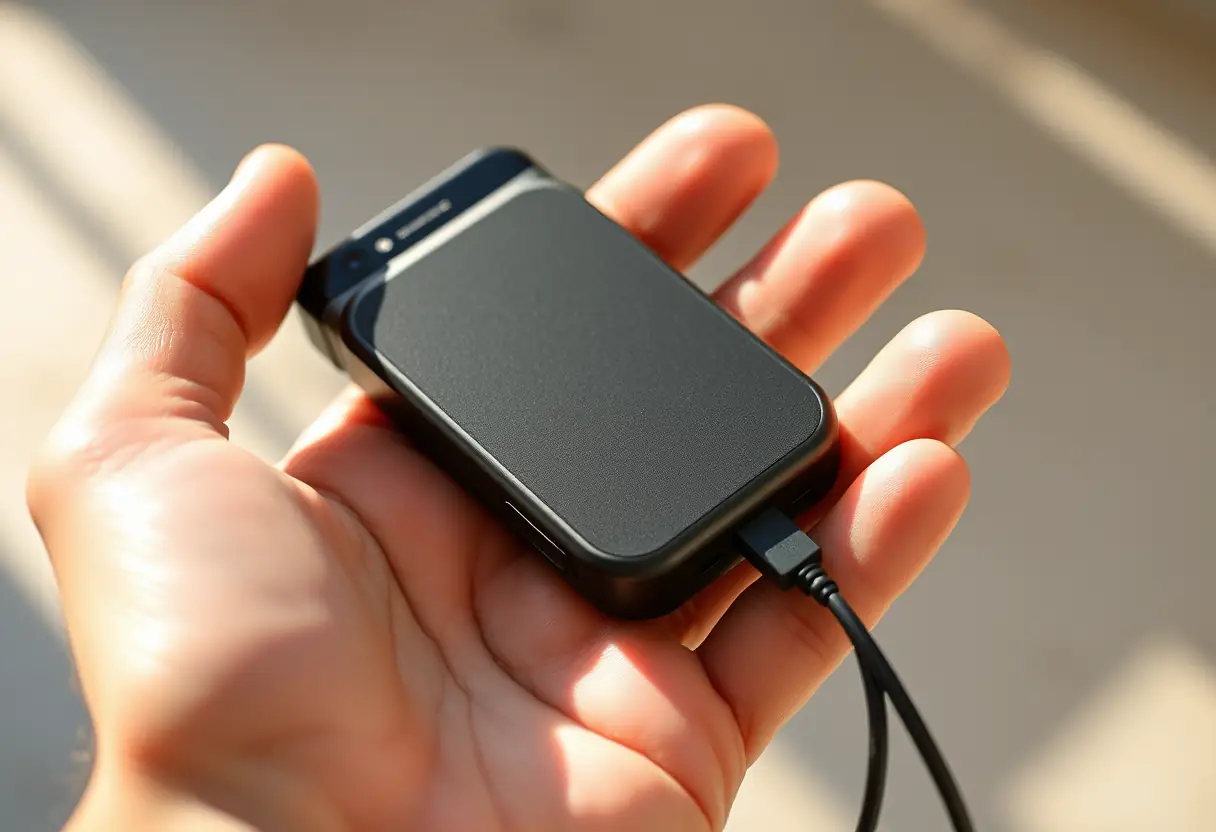 Une main tenant un petit appareil rectangulaire noir avec des boutons, la lumière du soleil reflétant sur la surface lisse, utilisé pour contrôler un drone