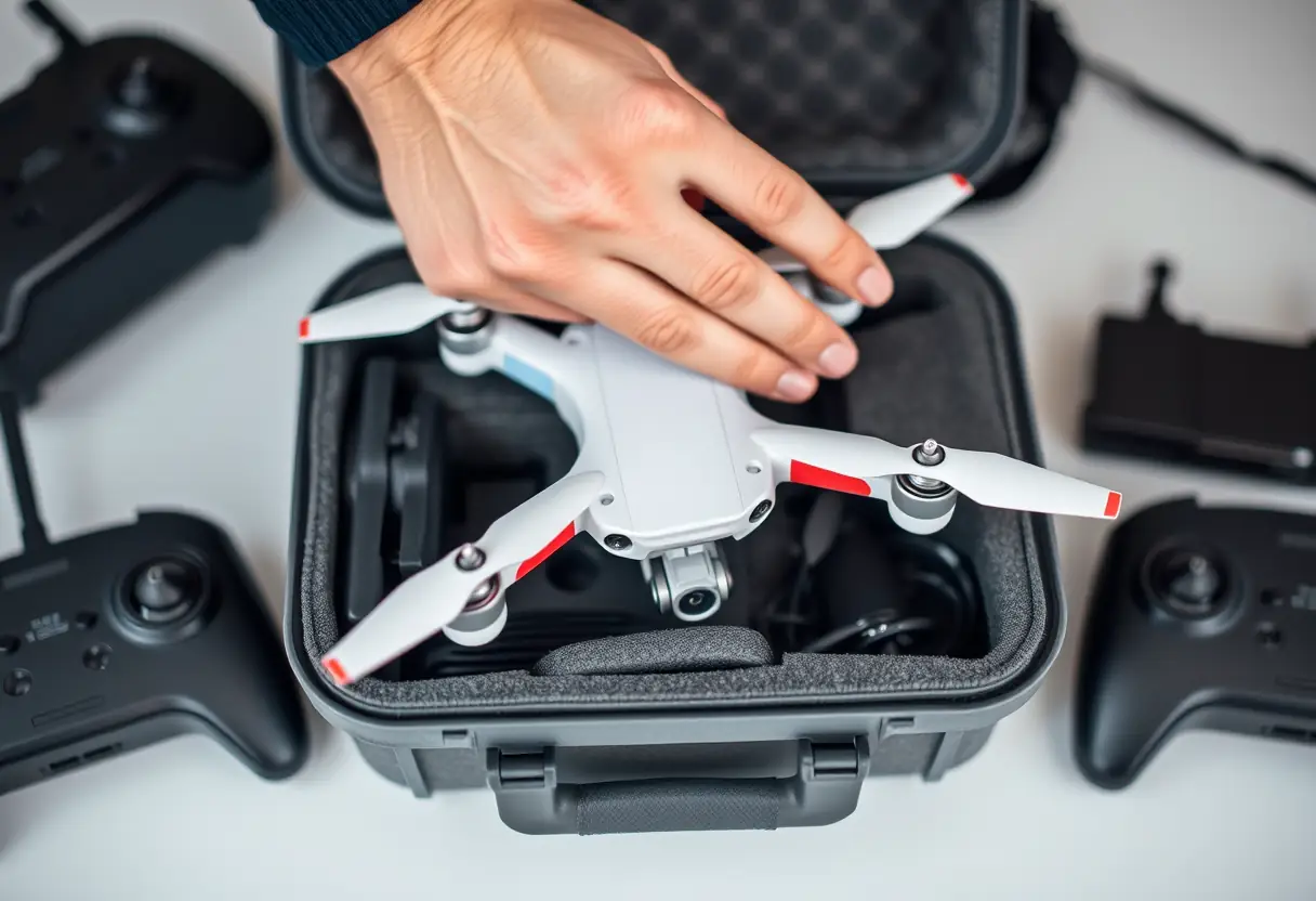 Main posant délicatement un petit drone dans son étui entouré de divers composants de contrôle