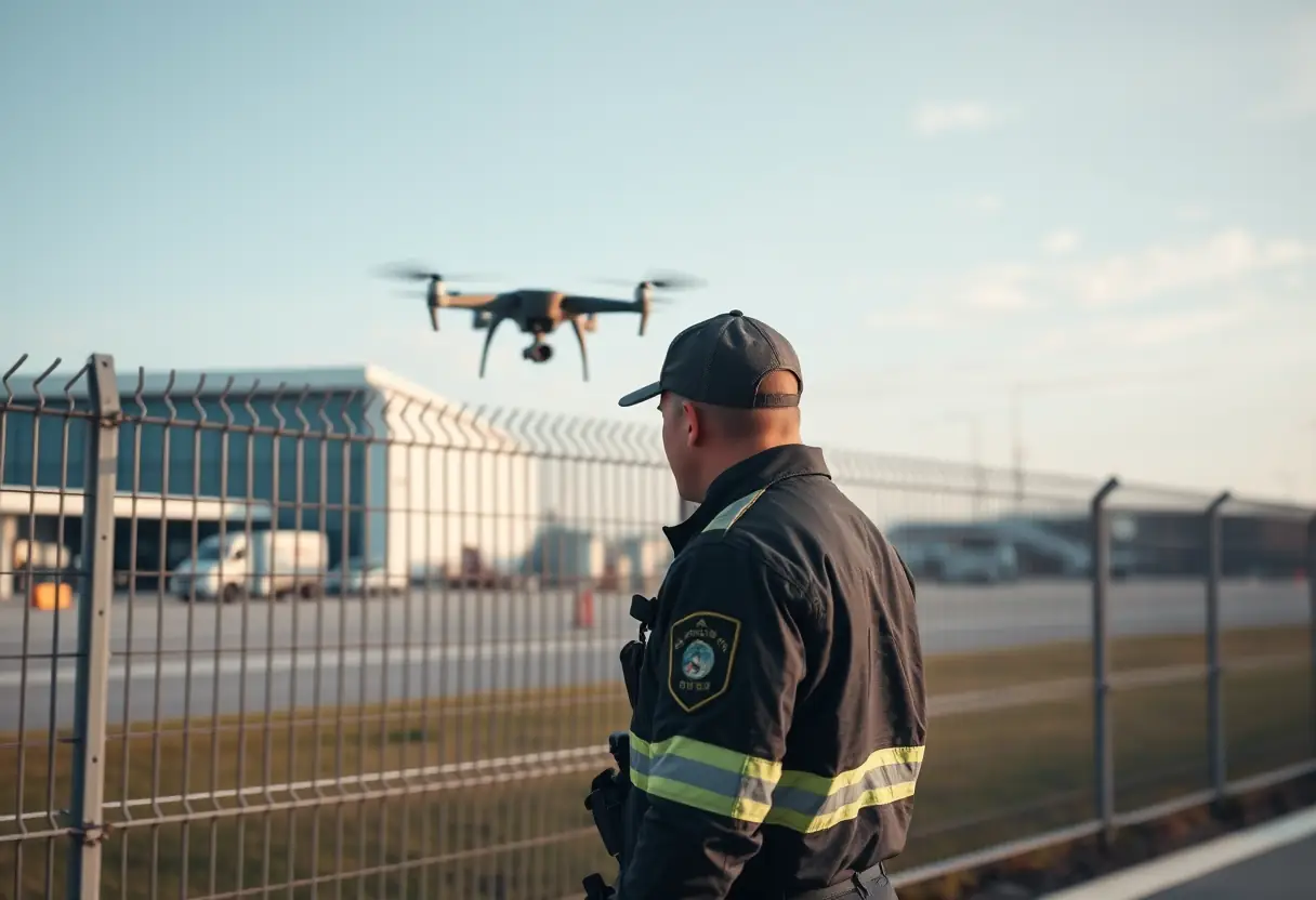 Un agent de sécurité patrouille autour de la clôture de l'aéroport, texte alternatif en français