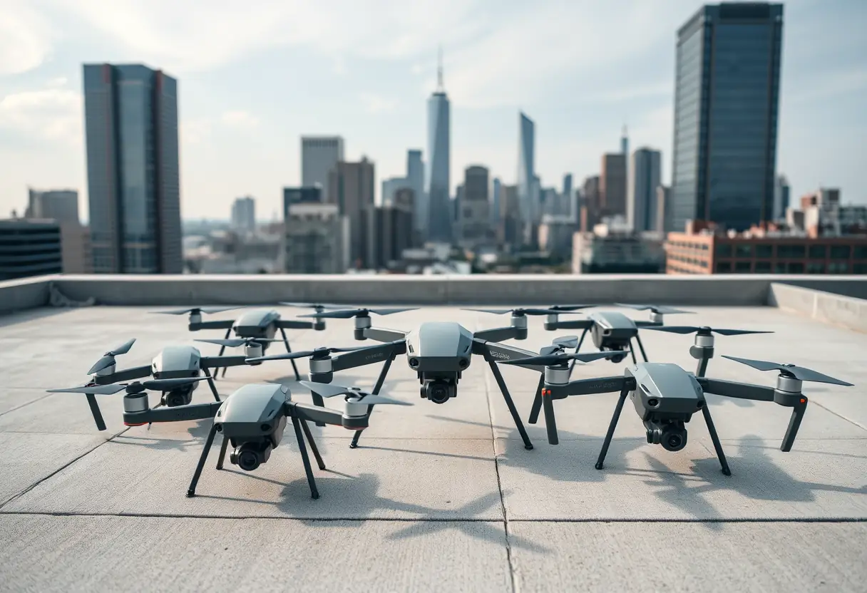 Essaim de drones alignés sur un toit plat, prêt à décoller, skyline urbaine au fond