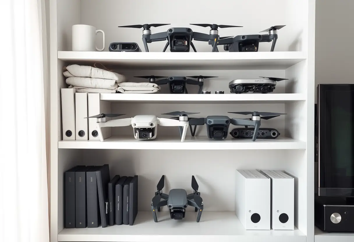 Des étagères bien organisées dans un bureau montrant plusieurs drones repliés.