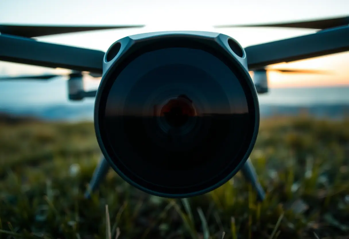 Prise de vue rapprochée de l'objectif du drone reflétant les teintes chaudes du coucher de soleil