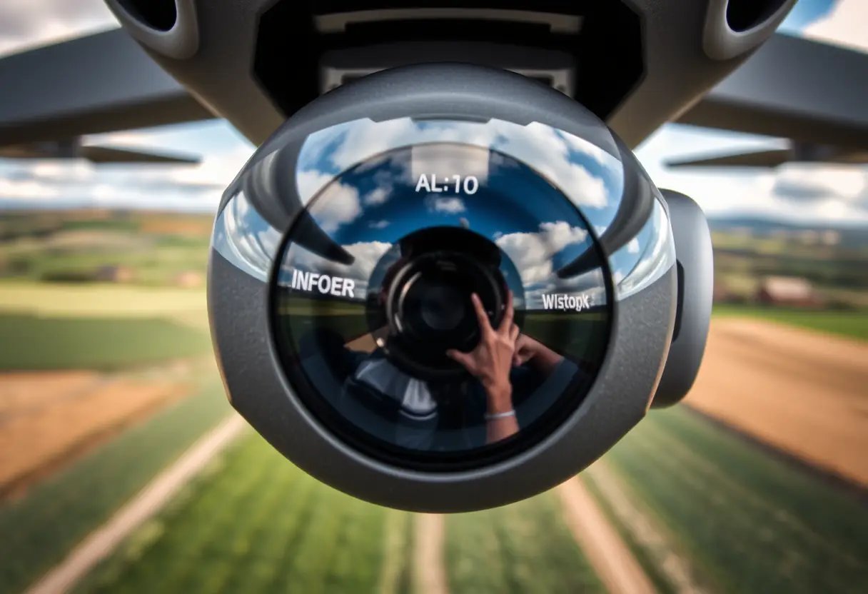 Prise de vue d'un objectif de drone reflétant le ciel, au-dessus de champs et collines
