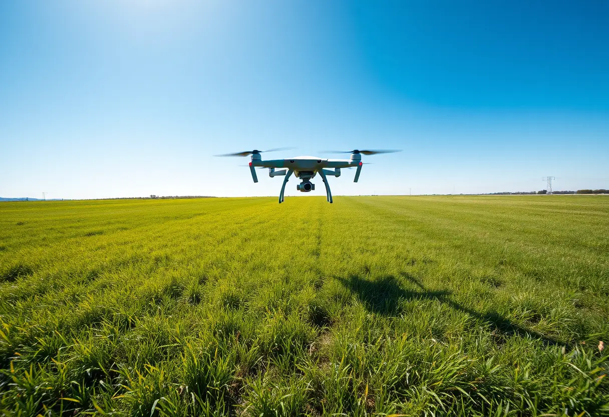Un drone volant au-dessus d'un champ vert sous un ciel bleu clair, ombre visible sur l'herbe
