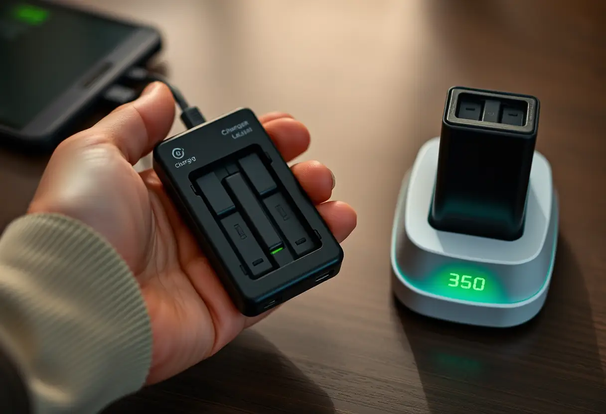Une main tenant un chargeur près d'un dock de recharge, guide sur les drones mavic dji