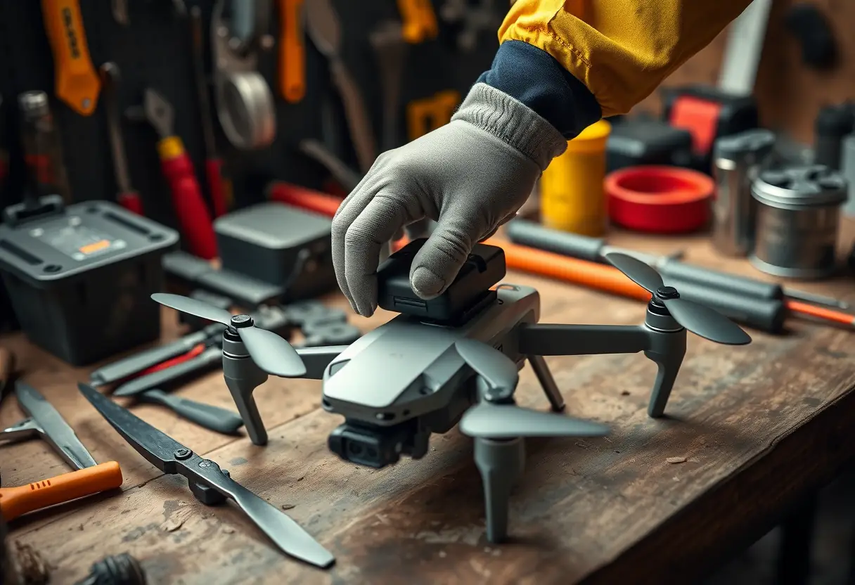 Plan rapproché d'une main gantée ajustant la batterie d'un petit drone posé sur une table de travail pleine d'outils, mettant en valeur la praticité de la technologie des drones